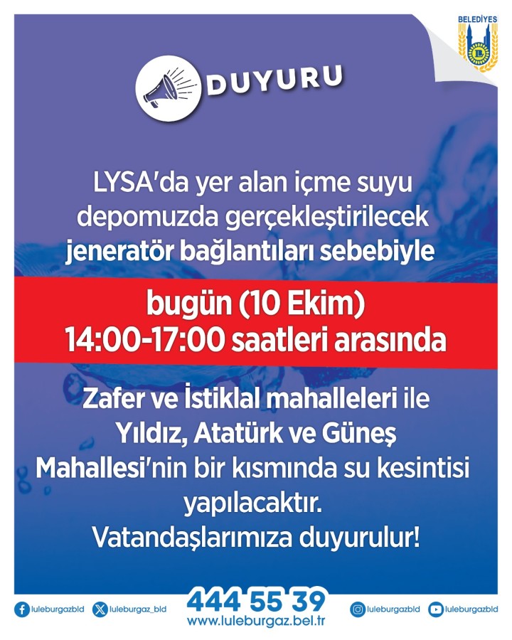 PLANLI SU KESİNTİSİ (10 EKİM 14.00-17.00 SAATLERİ ARASINDA)